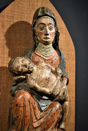 Antiquités - "Pietà" en bois polychromé - bas moyen age, début du XVe siècle
